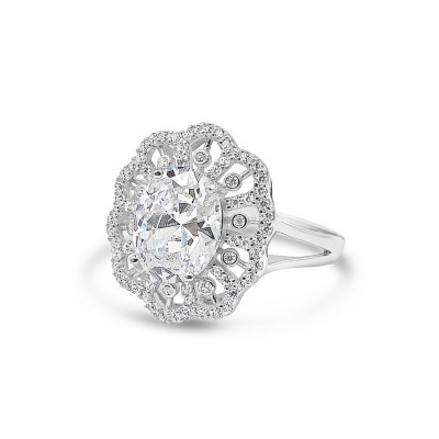 STERLING SILVER RING OVAL CLEAR CUBIC ZIRCONIA RADIATING CUBIC ZIRCONIA LINES AROUND