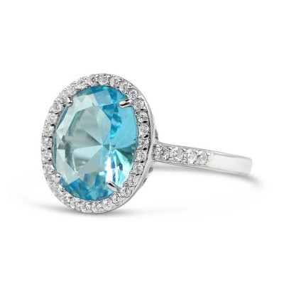STERLING SILVER RING OVAL AQUA BLUE GLASS SIDE LINE CUBIC ZIRCONIA ON SHANK