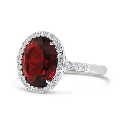 STERLING SILVER RING OVAL RUBY GLASS SIDE LINE CUBIC ZIRCONIA ON SHANK