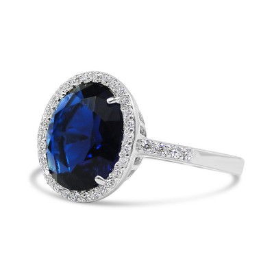 STERLING SILVER RING OVAL SAPPHIRE GLASS SIDE LINE CUBIC ZIRCONIA ON SHANK