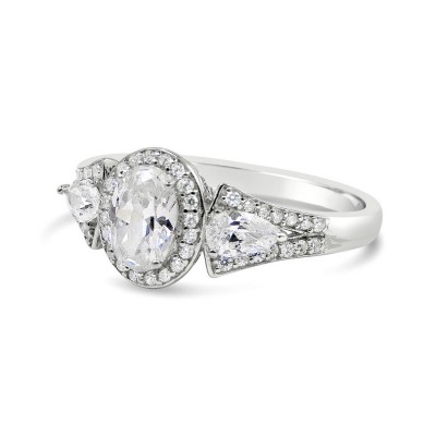 STERLING SILVER RING TRI STONES CLEAR CUBIC ZIRCONIA OVAL+TEAR DROP