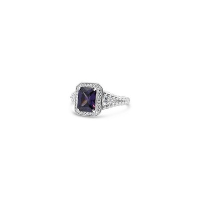 STERLING SILVER RING RECTANGULAR AMETHYST CUBIC ZIRCONIA TRIANGLE SIDES