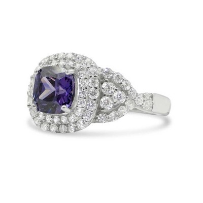 STERLING SILVER RING CUSHION AMETHYST CUBIC ZIRCONIA  DOUBLE CUBIC ZIRCONIA LINES