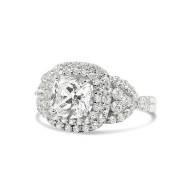 STERLING SILVER RING CUSHION CLEAR CUBIC ZIRCONIA DOUBLE CUBIC ZIRCONIA LINES