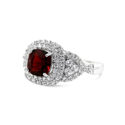 STERLING SILVER RING CUSHION RUBY GLASS  DOUBLE CUBIC ZIRCONIA LINES