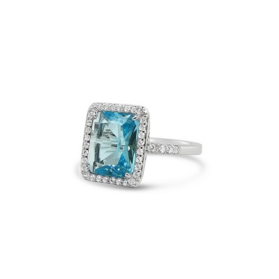 STERLING SILVER RING RECTANGULAR AQUA BLUE GLASS+CUBIC ZIRCONIA AROUND