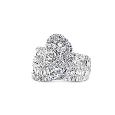 STERLING SILVER RING BAUGETTE CLEAR CUBIC ZIRCONIA DOUBLE LINE SWIRL