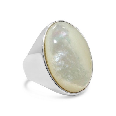 STERLING SILVER RING OVAL MOTHER OF PEARL- RHODIUM PLATED
