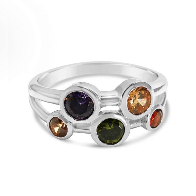 Sterling Silver Ring Two Lines W/Multi-Color Round Cubic Zirconia