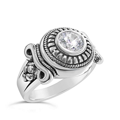 Sterling Silver Ring Round Clear Cubic Zirconia Oxidized Bead Bali Design 