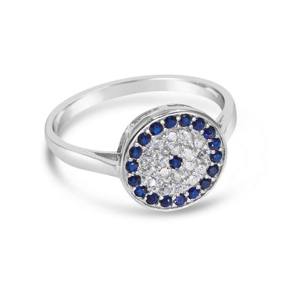 Sterling Silver Ring Evil"S Eye Clear Cubic Zirconia Sapphire Glass Edge An 