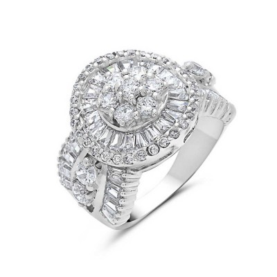 Sterling Silver Ring Clear Cubic Zirconia Baguette Radiating Round Side Bag 