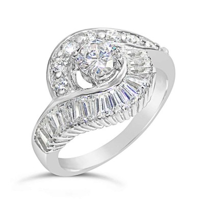Sterling Silver Ring Clear Cubic Zirconia Baguette Line Wrapped Round Cente 