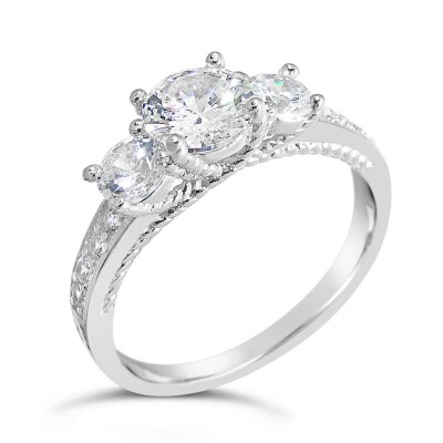 Sterling Silver Ring Tri-Stones Clear Cubic Zirconia Criss Cross Side Line 