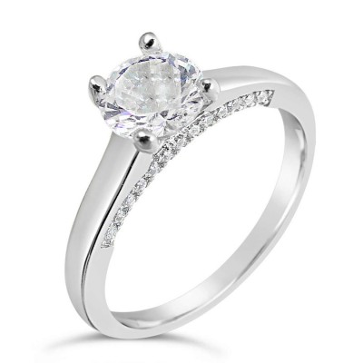 Sterling Silver Ring Solitaire 6Mm Clear Cubic Zirconia Sides Clear Cubic Zirconia Line 