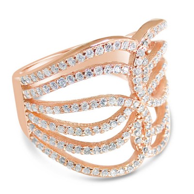 Sterling Silver Ring Triple Overlapped Clear Cubic Zirconia Lines-Rose Gold 