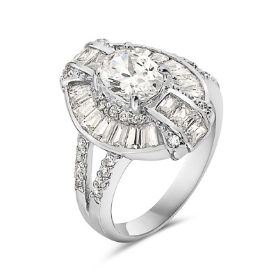 Sterling Silver Ring Oval Clear Cubic Zirconia Baguette Around Veritical Li 