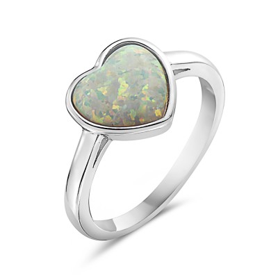 Sterling Silver Ring Heart In White Synthetic Opal 