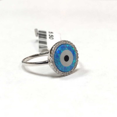 Sterling Silver Ring Evil"S Eye Synthetic Blue Opa 