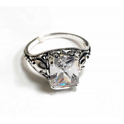 Sterling Silver Ring Clear Cubic Zirconia Rectangular Filigree