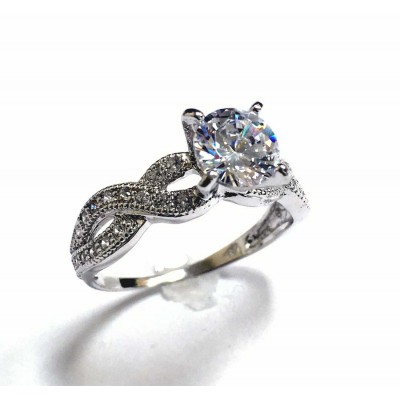 Sterling Silver Ring Solitaire Clear Cubic Zirconia Criss-Cross Cubic Zirconia Line Sha 
