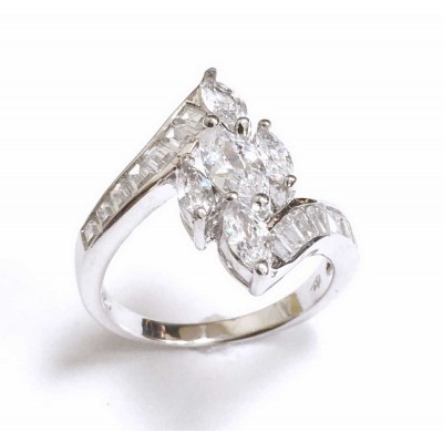 Sterling Silver Ring 5 Marquise Clear Cubic Zirconia Bypass Baguette Cubic Zirconia Rin 