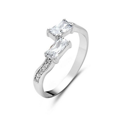 Sterling Silver Ring By-Pass 2 Clear Cubic Zirconia Baguette 
