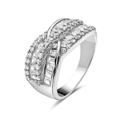 Sterling Silver Ring Criss-Cross Baguette Lines Small Clear Cubic Zirconia 