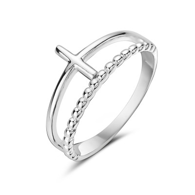 Sterling Silver Ring Sideway Cross With A Rope Line 