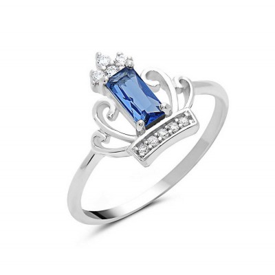 Sterling Silver Ring Crown Tanzanite Glass Baguette Clear Cubic Zirconia 