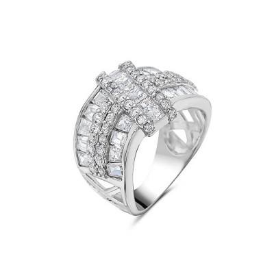Sterling Silver Ring Double Line Baguette Line Cross Over 
