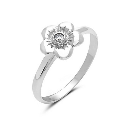 Sterling Silver Ring Flower Clear Cubic Zirconia At The Center 