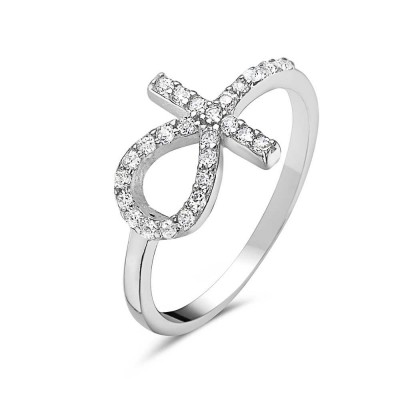 Sterling Silver RING ANKH SIDEWAY Cubic Zirconia LINE