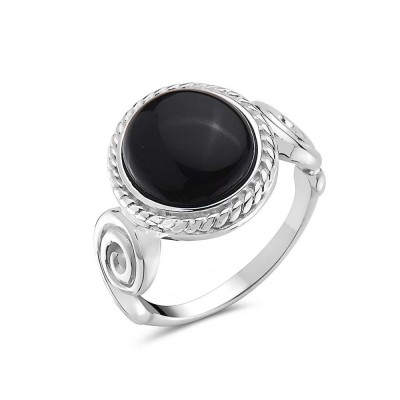 Sterling Silver RING OVAL BLACK ONYX  WAVY LINES SIDES