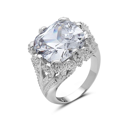 Brass Ring 14X14mm Cushion Clear Cubic Zirconia with Clear Cubic Zirconia