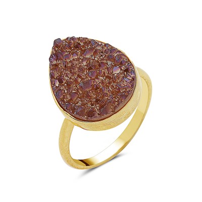 Brass Ring 13-18mm Tear Drop Pink Drusy-Gold Plated-