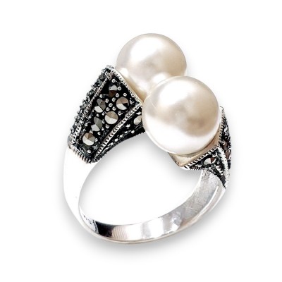 Marcasite Ring Oppositive 10mm White Pearl with 2 Dimension