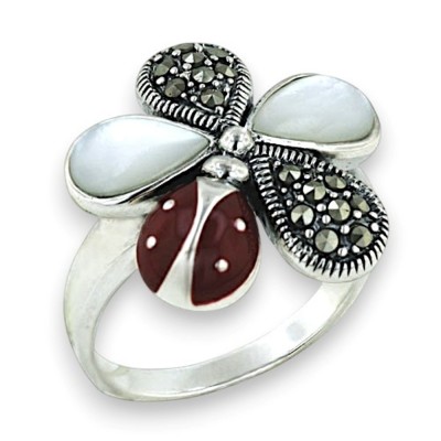 Marcasite Ring White Mother of Pearl Flower Petals with Rd Epoxy#16 Ladybu