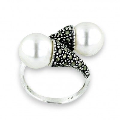 Marcasite Ring Oppositive 10mm White Faux Pearl