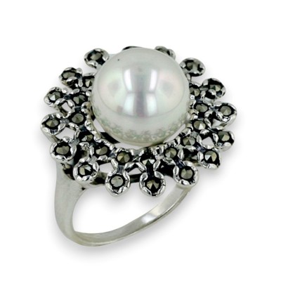 Marcasite Ring with Shell Pearl and Floral Design