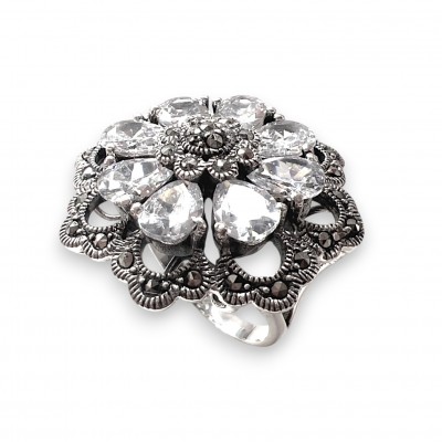 Marcasite Ring Flower 8 Clear Cubic Zirconia Petals and Mz Open Petal