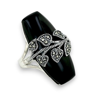 Marcasite Ring with Onyx 15X34mm with Marcasite Leaves