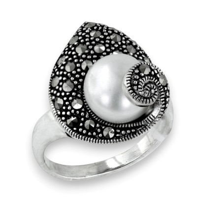 Marcasite Ring Marcasite Leaf with 10mm Fresh Water Pearl