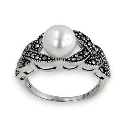 Marcasite Ring 8mm Shell Peral Center 3 Layers Braded Eac