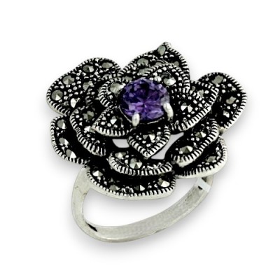 Marcasite Ring Marcasite Rose with 6.5mm Amethyst Color Purple CZ Center