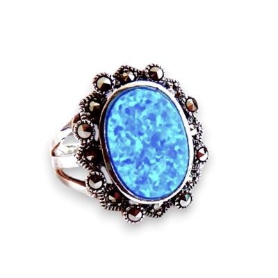 Marcasite Sterling Silver Ring Oval Blue Synthetic