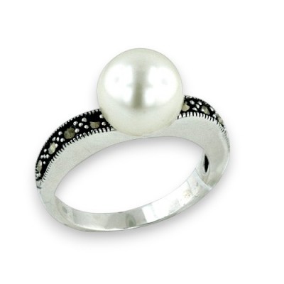 Marcasite Ring 10mm Pearl on Thin Marcasite Band