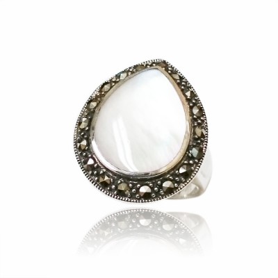 Marcasite Ring Mother of Pearl Teardrop Cabochon with Marcasite Around