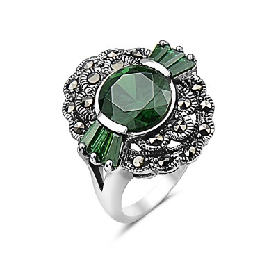 MS RING OVAL WAVY MARCASITE 2 LAYERS EMERALD GREEN