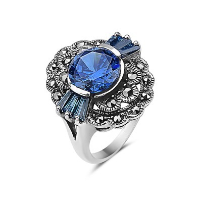 MS RING OVAL WAVY MARCASITE 2 LAYERS SAPPHIRE CZ